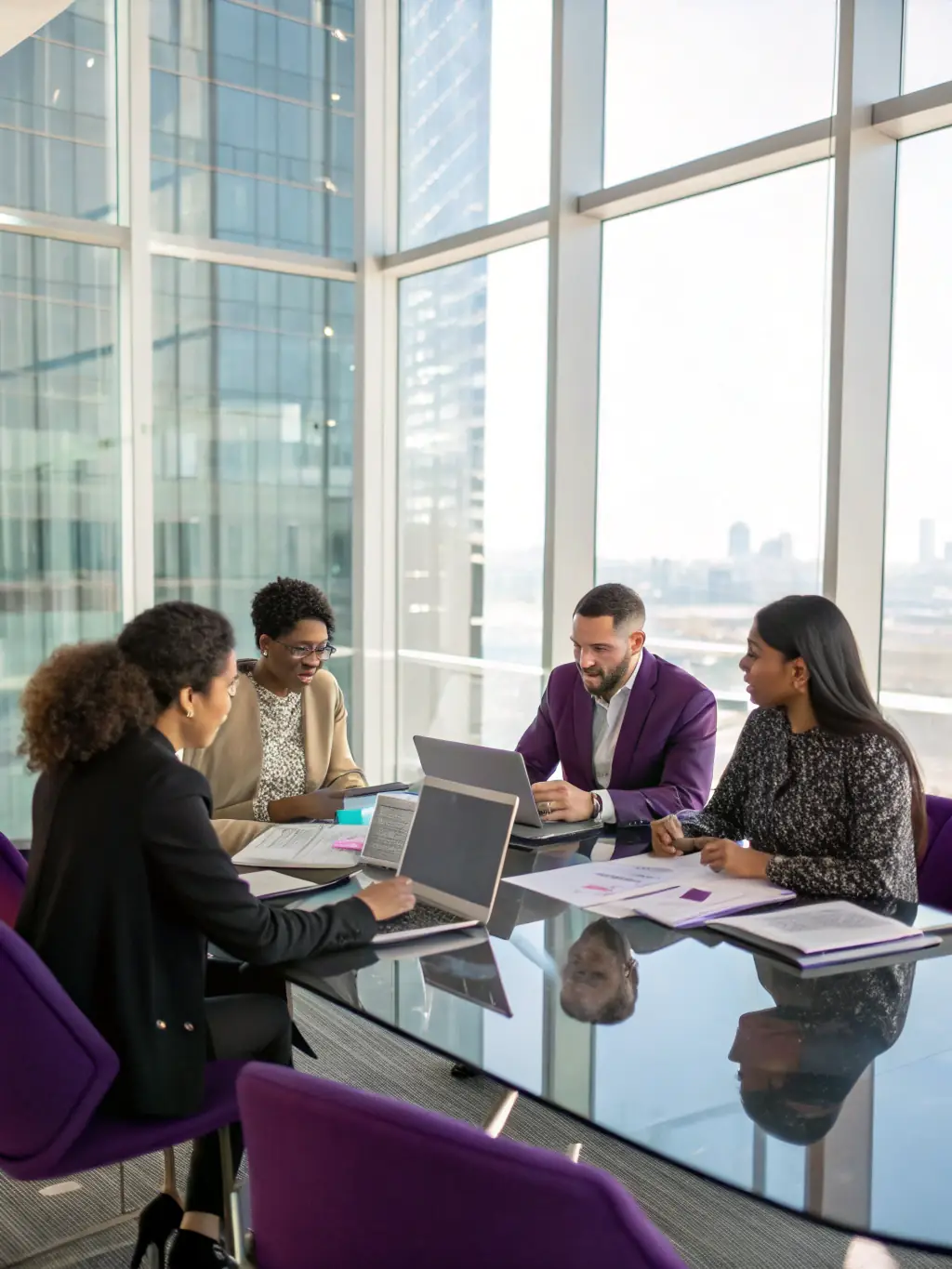 A diverse group of business professionals collaborating around a table, brainstorming ideas and strategies for growth.