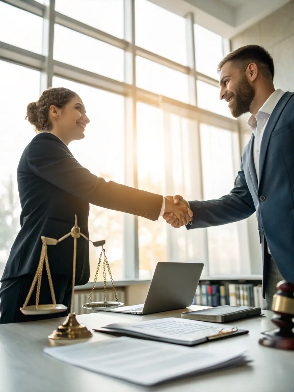 A business coach and client shaking hands, symbolizing a successful partnership and commitment to achieving business goals.
