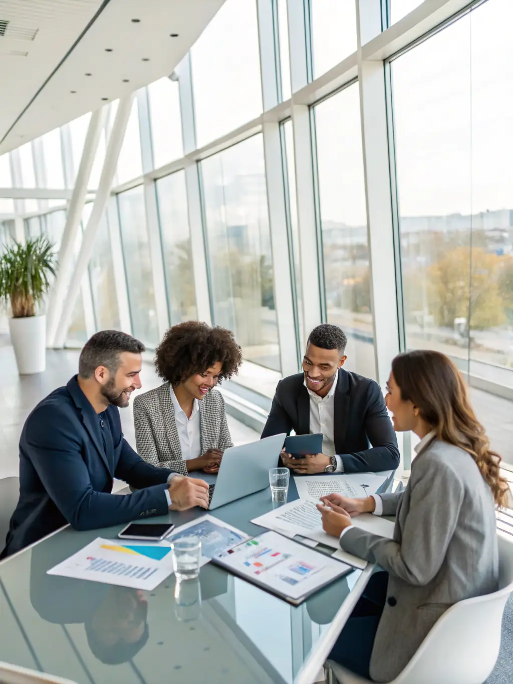 A diverse group of professionals collaborating enthusiastically around a table, brainstorming ideas and strategies for business growth, reflecting Legendify.fun's collaborative approach.
