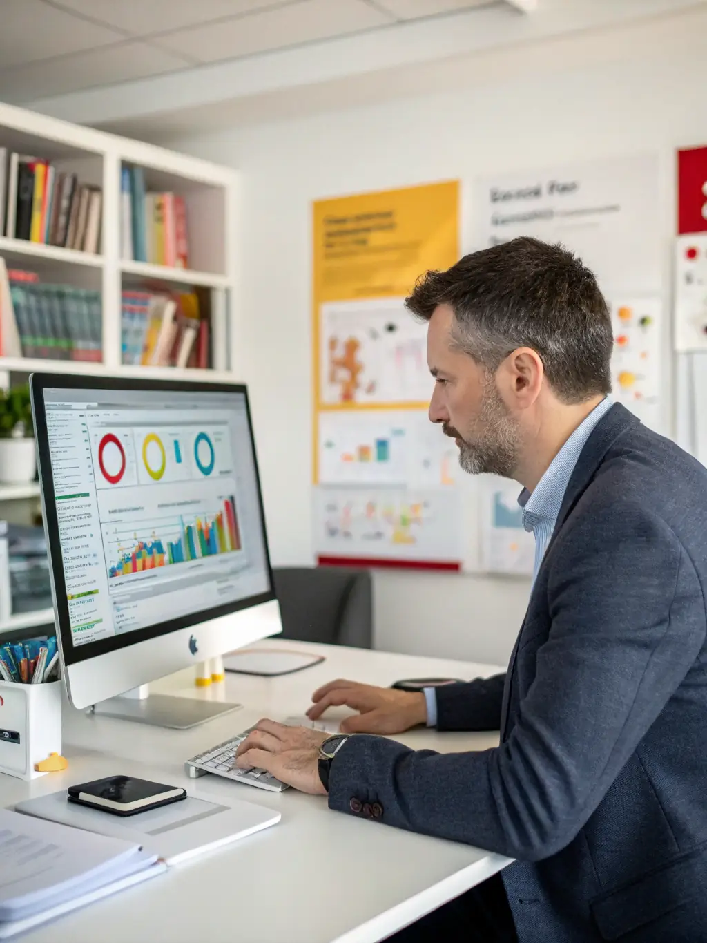 A professional business coach in a smart suit, smiling confidently while pointing at a growth chart during a coaching session.