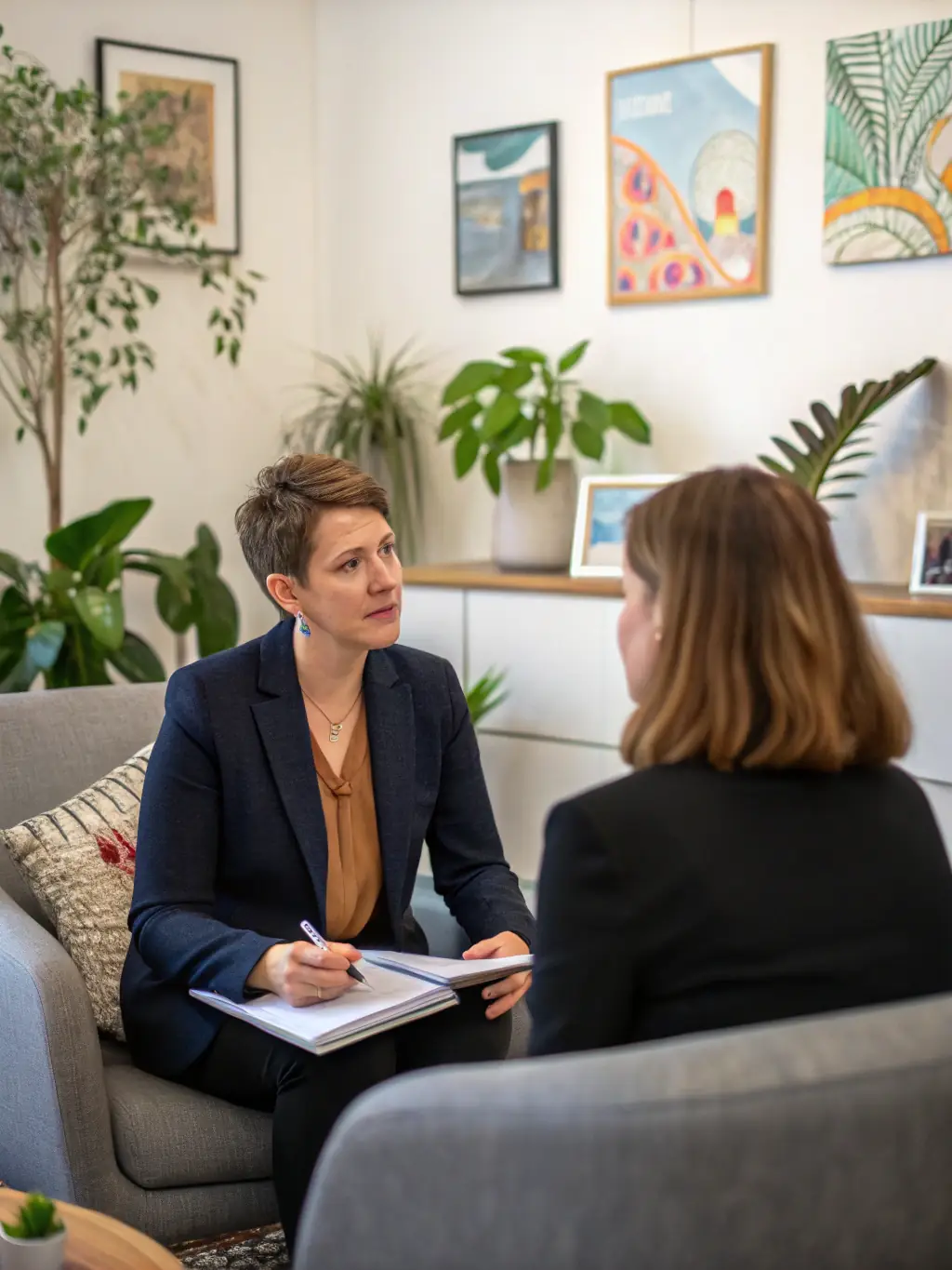 A business coach listening attentively to a client, providing guidance and support in a modern office environment.
