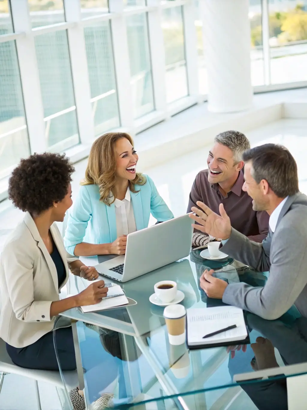 A diverse team of professionals collaborating around a table, brainstorming ideas and strategies for business development, with laptops and coffee cups scattered around.