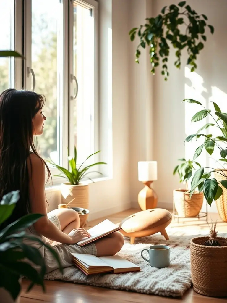 A person meditating in a modern office, promoting mindfulness and mental well-being, with soft, natural light filtering through the windows.